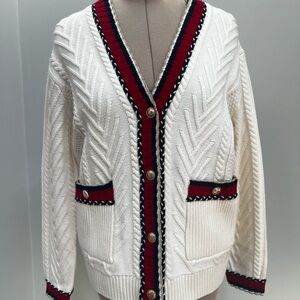 New Maje White Cardigan with Red and Black Trim Wool L